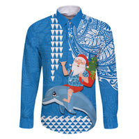 Hawaii Mele Kalikimaka Family Matching Long Sleeve Bodycon Dress and Hawaiian Shirt Santa Riding The DolPhin Mix Kakau Pattern Blue Style LT03 Dad's Shirt - Long Sleeve Blue - Polynesian Pride
