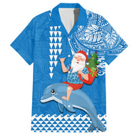 Hawaii Mele Kalikimaka Family Matching Summer Maxi Dress and Hawaiian Shirt Santa Riding The DolPhin Mix Kakau Pattern Blue Style LT03 Dad's Shirt - Short Sleeve Blue - Polynesian Pride