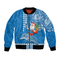 Custom Hawaii Mele Kalikimaka Bomber Jacket Santa Riding The DolPhin Mix Kakau Pattern Blue Style LT03 Unisex Blue - Polynesian Pride
