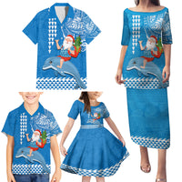 Custom Hawaii Mele Kalikimaka Family Matching Puletasi Dress and Hawaiian Shirt Santa Riding The DolPhin Mix Kakau Pattern Blue Style LT03 - Polynesian Pride
