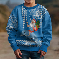 Custom Hawaii Mele Kalikimaka Kid Ugly Christmas Sweater Santa Riding The DolPhin Mix Kakau Pattern Blue Style LT03 - Polynesian Pride