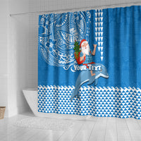 Custom Hawaii Mele Kalikimaka Shower Curtain Santa Riding The DolPhin Mix Kakau Pattern Blue Style LT03 - Polynesian Pride