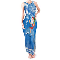 Custom Hawaii Mele Kalikimaka Tank Maxi Dress Santa Riding The DolPhin Mix Kakau Pattern Blue Style LT03 Women Blue - Polynesian Pride