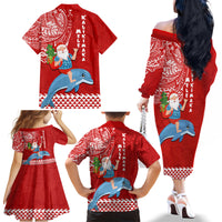 Hawaii Mele Kalikimaka Family Matching Off Shoulder Long Sleeve Dress and Hawaiian Shirt Santa Riding The DolPhin Mix Kakau Pattern Red Style LT03 - Polynesian Pride