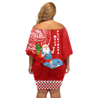 Hawaii Mele Kalikimaka Off Shoulder Short Dress Santa Riding The DolPhin Mix Kakau Pattern Red Style LT03 - Polynesian Pride