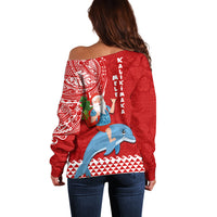 Hawaii Mele Kalikimaka Off Shoulder Sweater Santa Riding The DolPhin Mix Kakau Pattern Red Style LT03 - Polynesian Pride