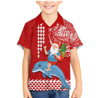 Custom Hawaii Mele Kalikimaka Family Matching Mermaid Dress and Hawaiian Shirt Santa Riding The DolPhin Mix Kakau Pattern Red Style LT03 Son's Shirt Red - Polynesian Pride
