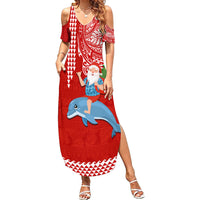 Custom Hawaii Mele Kalikimaka Family Matching Summer Maxi Dress and Hawaiian Shirt Santa Riding The DolPhin Mix Kakau Pattern Red Style LT03 Mom's Dress Red - Polynesian Pride