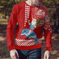 Custom Hawaii Mele Kalikimaka Ugly Christmas Sweater Santa Riding The DolPhin Mix Kakau Pattern Red Style LT03 - Polynesian Pride