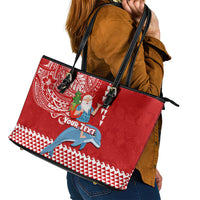 Custom Hawaii Mele Kalikimaka Leather Tote Bag Santa Riding The DolPhin Mix Kakau Pattern Red Style LT03 - Polynesian Pride