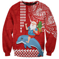 Custom Hawaii Mele Kalikimaka Sweatshirt Santa Riding The DolPhin Mix Kakau Pattern Red Style LT03 Unisex Red - Polynesian Pride
