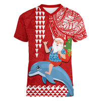 Custom Hawaii Mele Kalikimaka Women V Neck T Shirt Santa Riding The DolPhin Mix Kakau Pattern Red Style LT03 Female Red - Polynesian Pride