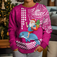 Hawaii Mele Kalikimaka Kid Ugly Christmas Sweater Santa Riding The DolPhin Mix Kakau Pattern Pink Style LT03 - Polynesian Pride