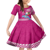 Custom Hawaii Mele Kalikimaka Family Matching Long Sleeve Bodycon Dress and Hawaiian Shirt Santa Riding The DolPhin Mix Kakau Pattern Pink Style LT03 Daughter's Dress Pink - Polynesian Pride