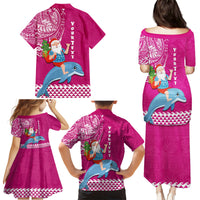 Custom Hawaii Mele Kalikimaka Family Matching Puletasi Dress and Hawaiian Shirt Santa Riding The DolPhin Mix Kakau Pattern Pink Style LT03 - Polynesian Pride