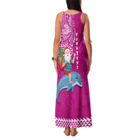 Custom Hawaii Mele Kalikimaka Family Matching Tank Maxi Dress and Hawaiian Shirt Santa Riding The DolPhin Mix Kakau Pattern Pink Style LT03 - Polynesian Pride