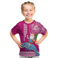 Custom Hawaii Mele Kalikimaka Kid T Shirt Santa Riding The DolPhin Mix Kakau Pattern Pink Style LT03 Pink - Polynesian Pride