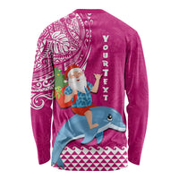 Custom Hawaii Mele Kalikimaka Long Sleeve Shirt Santa Riding The DolPhin Mix Kakau Pattern Pink Style LT03 - Polynesian Pride