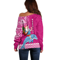 Custom Hawaii Mele Kalikimaka Off Shoulder Sweater Santa Riding The DolPhin Mix Kakau Pattern Pink Style LT03 - Polynesian Pride
