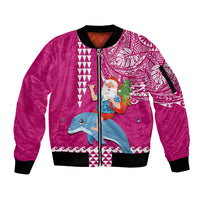 Custom Hawaii Mele Kalikimaka Sleeve Zip Bomber Jacket Santa Riding The DolPhin Mix Kakau Pattern Pink Style LT03 Unisex Pink - Polynesian Pride