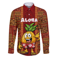 Hawaii Family Matching Summer Maxi Dress and Hawaiian Shirt Aloha Funny Pineapple Mix Kakau Hawaiian Tribal LT03 Dad's Shirt - Long Sleeve Red - Polynesian Pride