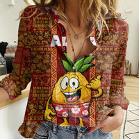 Custom Hawaii Women Casual Shirt Aloha Funny Pineapple Mix Kakau Hawaiian Tribal LT03 Female Red - Polynesian Pride