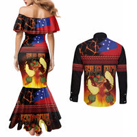 Samoan Siva Afi Couples Matching Mermaid Dress and Long Sleeve Button Shirt Tribal Performers of Samoan Fire Knife Dancing