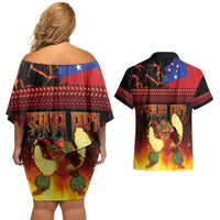 Samoan Siva Afi Couples Matching Off Shoulder Short Dress and Hawaiian Shirt Tribal Performers of Samoan Fire Knife Dancing