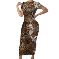 Fiji Masi Tapa Tribal Short Sleeve Bodycon Dress Old Hibiscus Vintage Style LT03 Long Dress Brown - Polynesian Pride