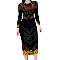 Custom New Zealand Rugby Family Matching Long Sleeve Bodycon Dress and Hawaiian Shirt Black Fern Maori Tribal Pattern LT03 Mom's Dress Black - Polynesian Pride
