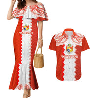 Custom Tonga Rugby Couples Matching Mermaid Dress and Hawaiian Shirt Ikale Tahi Ngatu Tribal Pattern LT03 Orange - Polynesian Pride