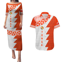 Custom Tonga Rugby Couples Matching Puletasi and Hawaiian Shirt Ikale Tahi Ngatu Tribal Pattern Half Style LT03 Orange - Polynesian Pride