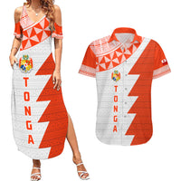 Custom Tonga Rugby Couples Matching Summer Maxi Dress and Hawaiian Shirt Ikale Tahi Ngatu Tribal Pattern Half Style LT03 Orange - Polynesian Pride