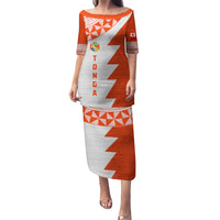 Custom Tonga Rugby Puletasi Ikale Tahi Ngatu Tribal Pattern Half Style LT03 Long Dress Orange - Polynesian Pride