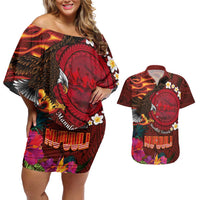 American Samoa Manulele Tausala Nu'uuli Couples Matching Off Shoulder Short Dress and Hawaiian Shirt Tatau Art Pattern with Tropical Plants