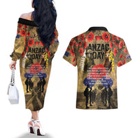 Australia and New Zealand ANZAC Day Couples Matching Off The Shoulder Long Sleeve Dress and Hawaiian Shirt Kangaroo and Kiwi Bird Soldier-Honor and Remember Vintage Style