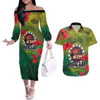 Cook Islands ANDAC Day Couples Matching Off The Shoulder Long Sleeve Dress and Hawaiian Shirt Honor and Remember Soliders-Forever in My Thoughts Grunge Style