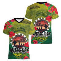 Cook Islands ANDAC Day Women V-Neck T-Shirt Honor and Remember Soliders-Forever in My Thoughts Grunge Style