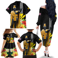 Hawaii King Kamehameha Day Family Matching Off The Shoulder Long Sleeve Dress and Hawaiian Shirt Kanaka Maoli Hibiscus Flower and Kakau Pattern