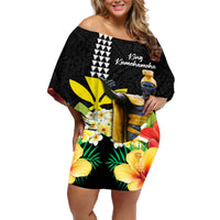 Hawaii King Kamehameha Day Off Shoulder Short Dress Kanaka Maoli Hibiscus Flower and Kakau Pattern LT03 Women Black - Polynesian Pride