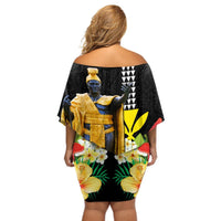 Hawaii King Kamehameha Day Off Shoulder Short Dress Kanaka Maoli Hibiscus Flower and Kakau Pattern LT03 - Polynesian Pride