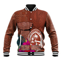 Chamorro Biba Guam Baseball Jacket Latte Stone Tribal and Hibiscus Flower Tapa Pattern LT03 Unisex Brown - Polynesian Pride