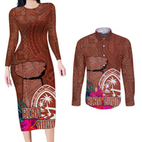 Chamorro Biba Guam Couples Matching Long Sleeve Bodycon Dress and Long Sleeve Button Shirt Latte Stone Tribal and Hibiscus Flower Tapa Pattern LT03 Brown - Polynesian Pride