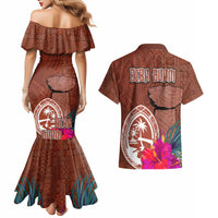 Chamorro Biba Guam Couples Matching Mermaid Dress and Hawaiian Shirt Latte Stone Tribal and Hibiscus Flower Tapa Pattern LT03 - Polynesian Pride