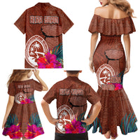 Chamorro Biba Guam Family Matching Mermaid Dress and Hawaiian Shirt Latte Stone Tribal and Hibiscus Flower Tapa Pattern