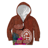 Chamorro Biba Guam Kid Hoodie Latte Stone Tribal and Hibiscus Flower Tapa Pattern LT03 Zip Hoodie Brown - Polynesian Pride