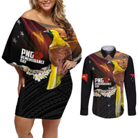 Papua New Guinea Remembrance Day Couples Matching Off Shoulder Short Dress and Long Sleeve Button Shirt Bird of Paradise Plumeria Flower and Polynesian Pattern LT03 Black - Polynesian Pride