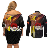 Papua New Guinea Remembrance Day Couples Matching Off Shoulder Short Dress and Long Sleeve Button Shirt Bird of Paradise Plumeria Flower and Polynesian Pattern LT03 - Polynesian Pride