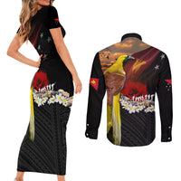 Papua New Guinea Remembrance Day Couples Matching Short Sleeve Bodycon Dress and Long Sleeve Button Shirt Bird of Paradise Plumeria Flower and Polynesian Pattern