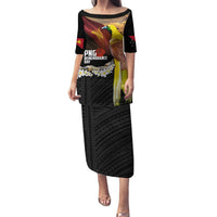 Papua New Guinea Remembrance Day Puletasi Bird of Paradise Plumeria Flower and Polynesian Pattern LT03 Long Dress Black - Polynesian Pride